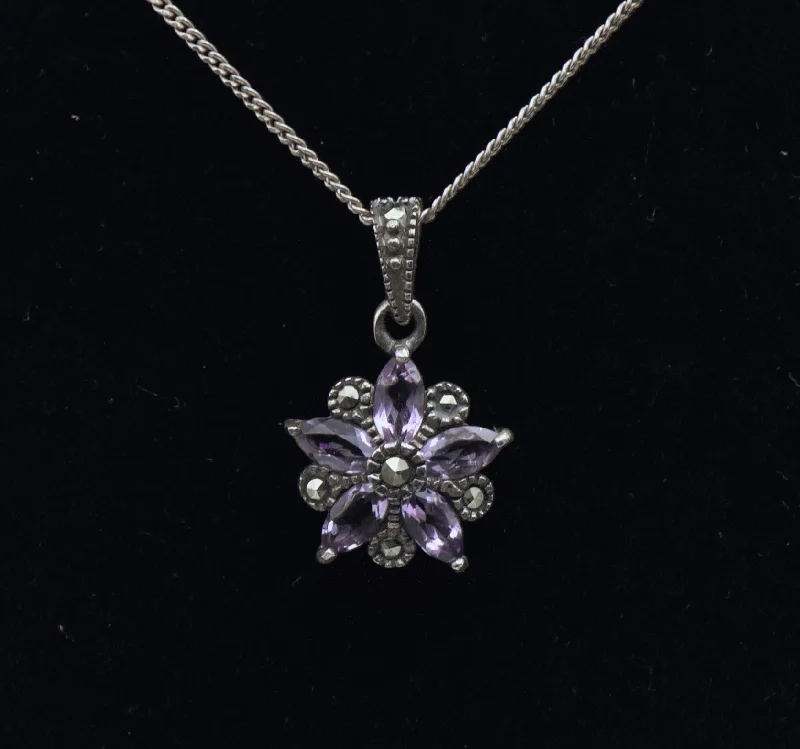 stylish modern necklaces for women -luxury fashion necklaces for women -Vintage Amethyst and Marcasite Sterling Silver Floral Pendant on Sterling Silver Chain Necklace - 19.25"