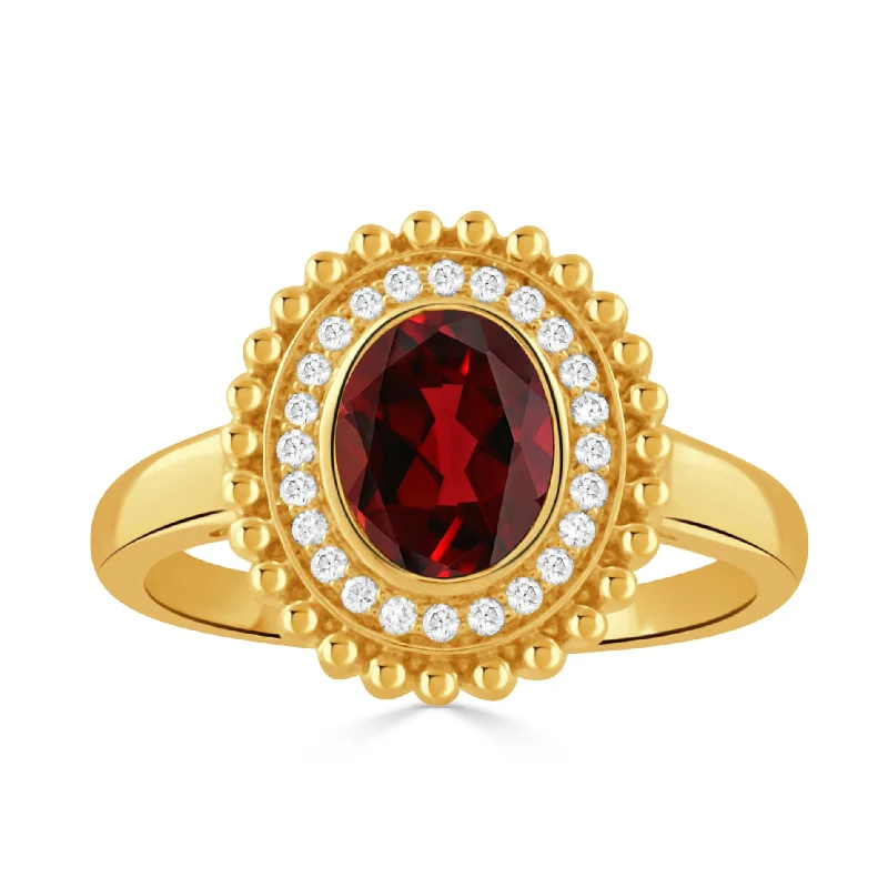 luxury bridal rings -personalized engraving necklaces for women -Oval Garnet & Diamond 18K Yellow Gold Beaded Ring