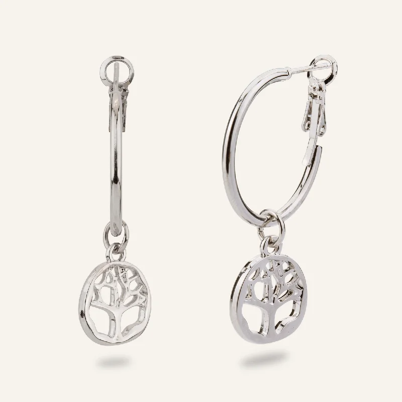 women’s pearl stud earrings -charm necklaces for women -Eternal Tree of Life Double Hoop Earrings In Silver-Tone