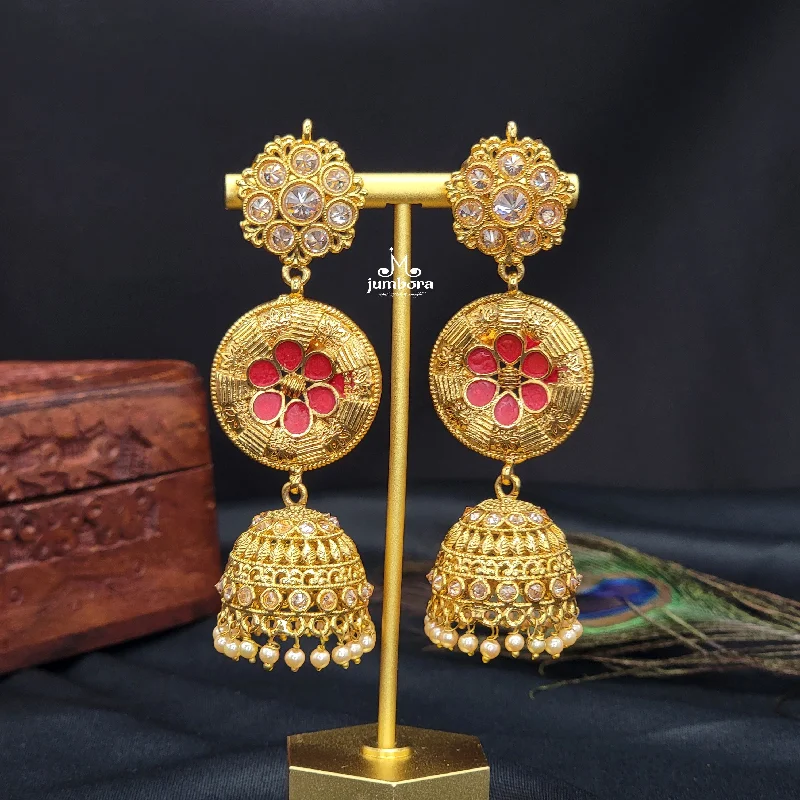 classic pearl earrings for women -bohemian necklaces for women -Statement Long Partywear Gold Finish Jhumka Earrings