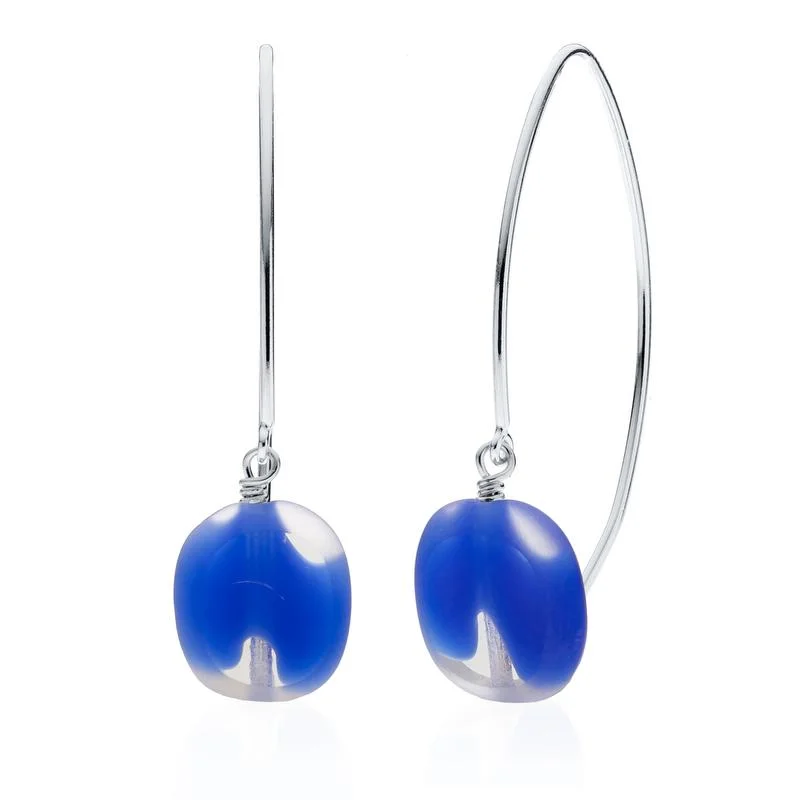 gemstone dangling earrings -sapphire necklaces for women -Blue Swirl Glass Oval Drop Wishbone Earrings