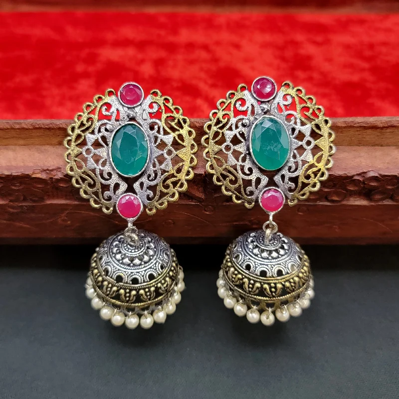 fashion earrings for women -long necklaces for women -Dual Tone Oxidized Silver Jhumka Earring with ruby red  & Green stone