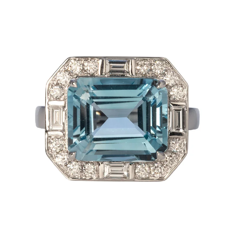 women’s birthstone rings -geometric necklaces for women -Emerald Cut Blue Topaz & Diamond 18K White Gold Ring