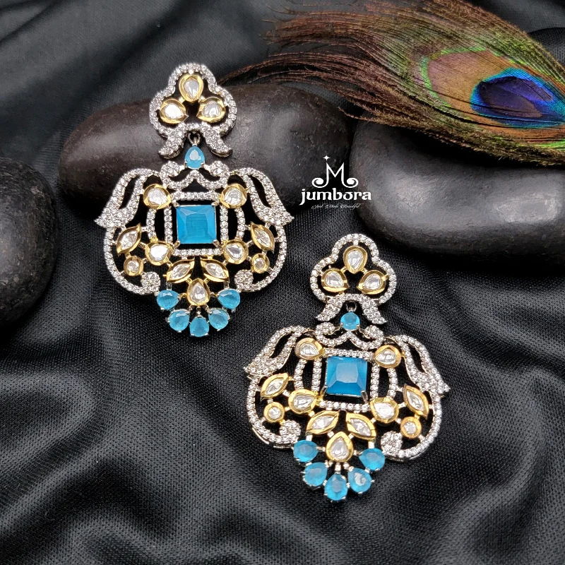 classic diamond earrings -chunky necklaces for women -Blue & White AD Zircon Statement Kundan Earring