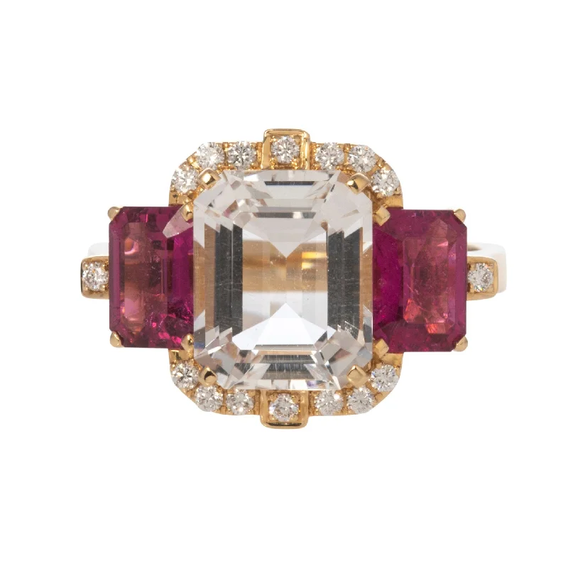 unique rings for women -fashion necklaces for women -Goshwara 3 Stone Rock Crystal & Rubellite 18K Gold Ring