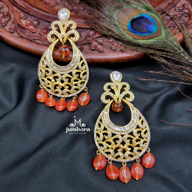 trendy dangling earrings -women’s engagement necklaces -Partywear Designer White AD Zircon Chaandbali Earrings With Orange Beads