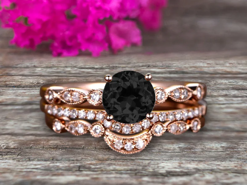 custom engagement rings for women -statement necklaces for women -Trio Set Round Cut 1.75 Carat VVS Black Diamond Moissanite Engagement Ring Set Milgrain Crown Wedding Band 10k Rose Gold Art Deco