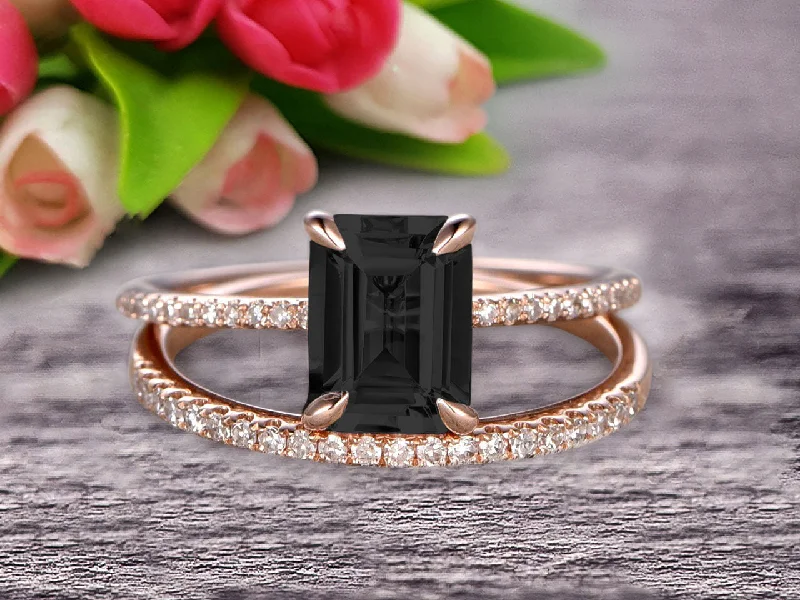 radiant-cut diamond engagement rings -personalized engraved necklaces for women -Bridal Ring 1.50 Carat Emerald Cut Black Diamond Moissanite Wedding Set Engagement Ring On 10k Rose Gold Anniversary Gift Glaring Staggering Ring