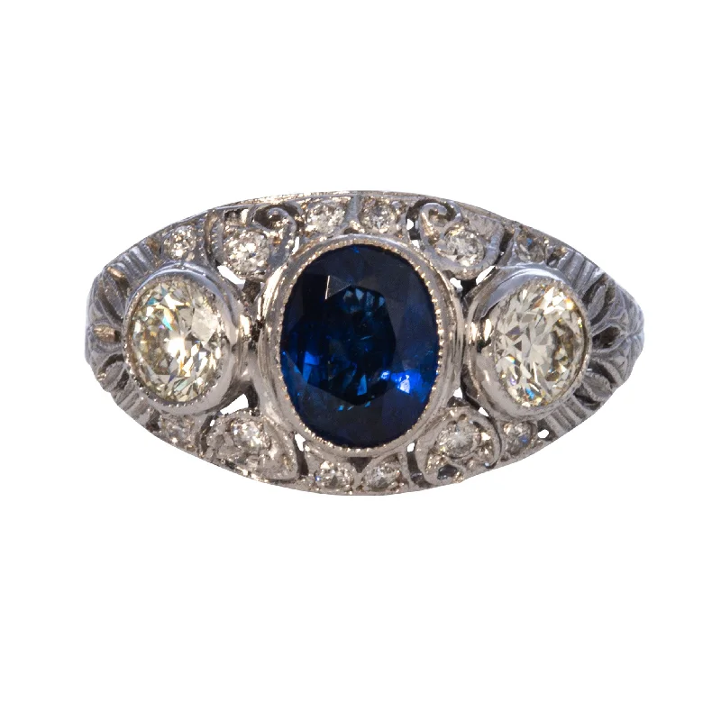 birthstone rings for women -women’s sparkling necklaces -Art Deco Sapphire & Diamond Three Stone 18K Gold Dome Ring