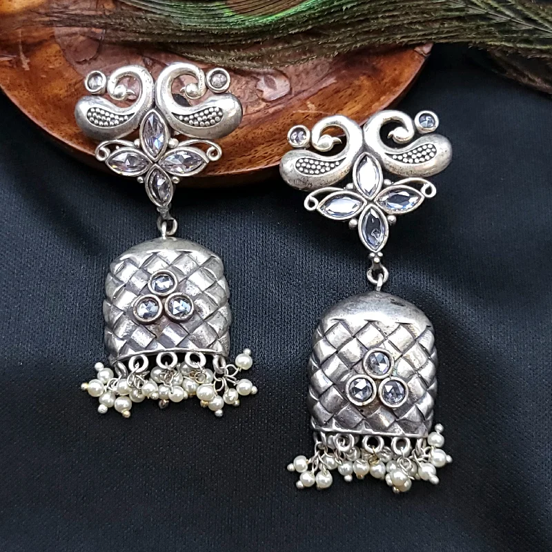 bridal earrings for women -modern necklaces for women -Peacock Oxidized German Silver Earring with Pearls