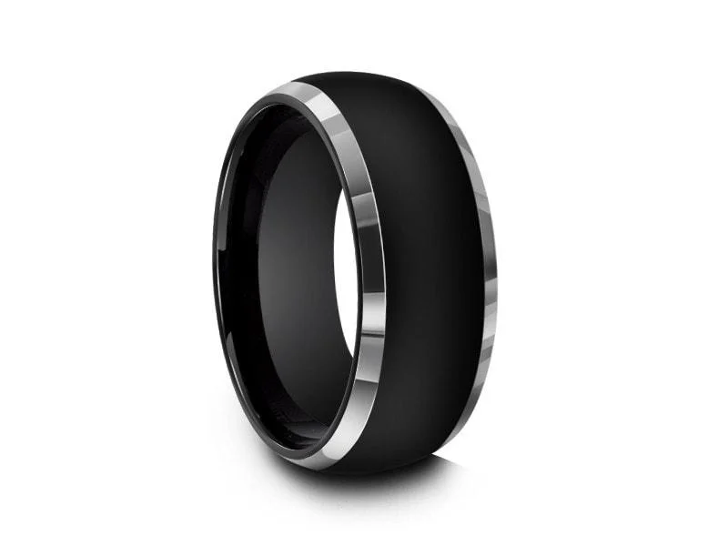 gold promise rings for women -modern necklaces for women -8MM High Polish Black DOME Tungsten Wedding Band GRAY EDGES AND BLACK INTERIOR