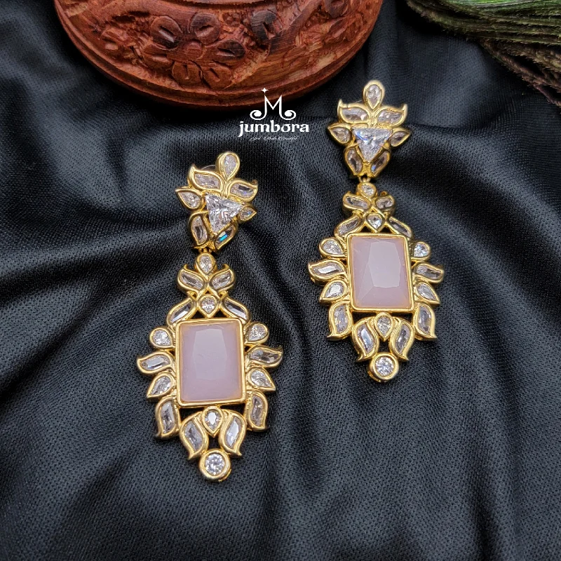 custom gold earrings for women -wedding necklaces for women -Contemporary Light Pink & White AD Zircon Jhumka Earring