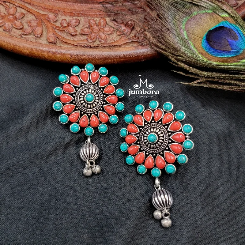 silver dangling earrings for women -luxury gold necklaces for women -Turquoise & Coral (SLA) Oxidized German Silver Big Stud Earring