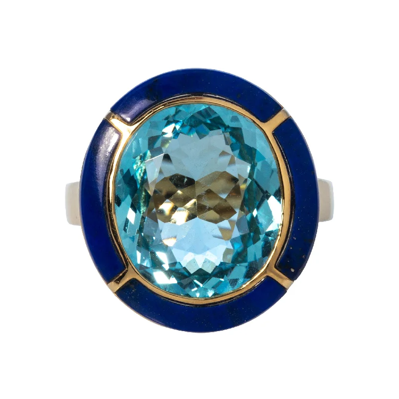 luxury platinum rings -elegant heart-shaped necklaces for women -Goshwara Oval Blue Topaz & Lapis Lazuli Inlay 18K Gold Ring