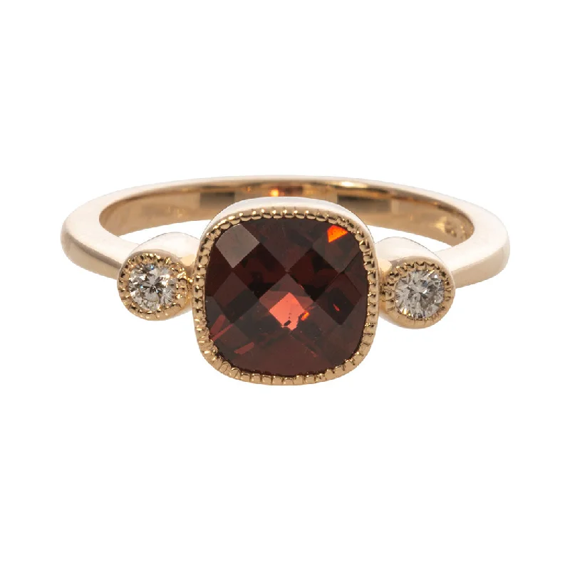 vintage rings for women -layered necklaces for women -Cushion Garnet & Round Diamond 14K Yellow Gold Ring