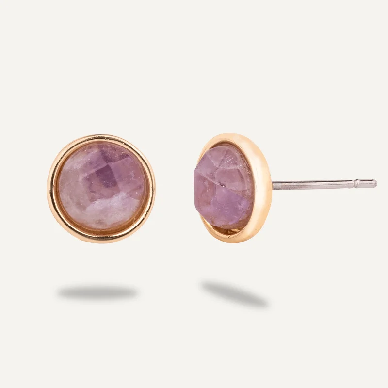 personalized earrings for women -simple necklaces for women -Natural Amethyst Stone Studs In Gold-Tone