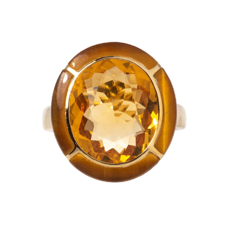 sapphire rings for women -heart-shaped necklaces for women -Goshwara Oval Citrine & Tiger's Eye Inlay 18K Gold Ring