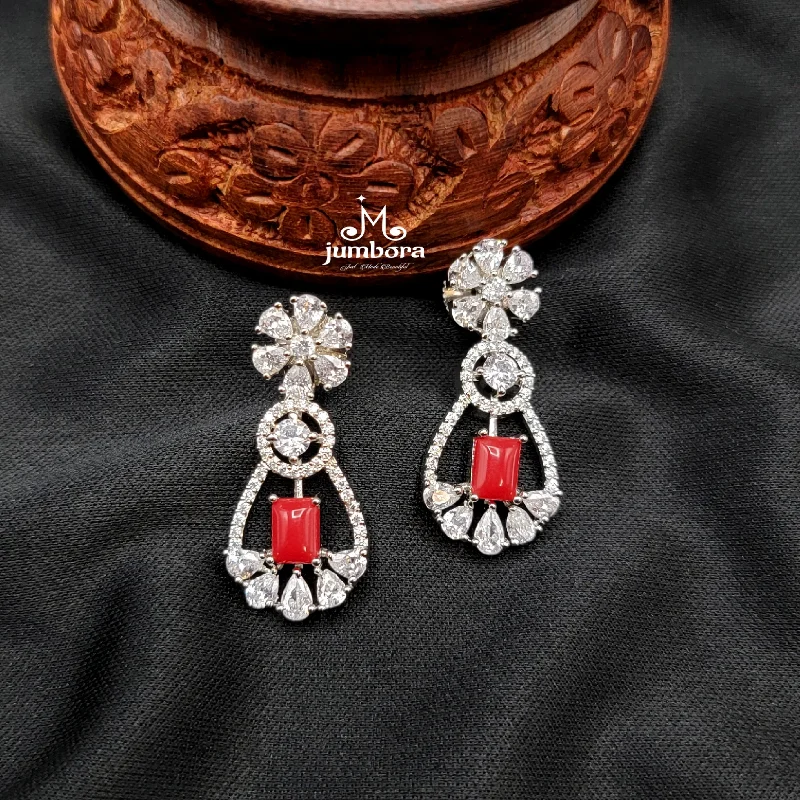 bold earrings for women -contemporary necklaces for women -White Gold Coral Red & White AD Zircon(CZ) Earring