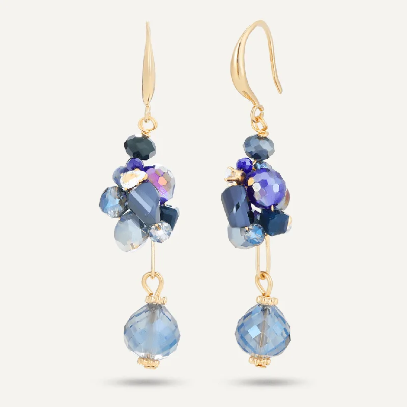 sterling silver earrings -elegant heart-shaped necklaces for women -Blue Crystal Cluster Hook Earrings In Gold-Tone