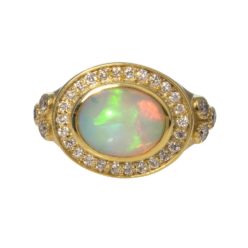 silver rings for women -diamond necklaces for women -Oval Cabochon Opal & Diamond 14K Yellow Gold Ring