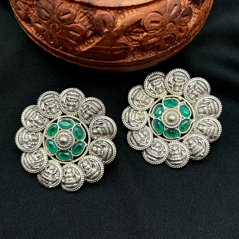 trendy statement earrings for women -vintage gold necklaces for women -Lakshmi coin Green Oxidized German Silver Stud Earring