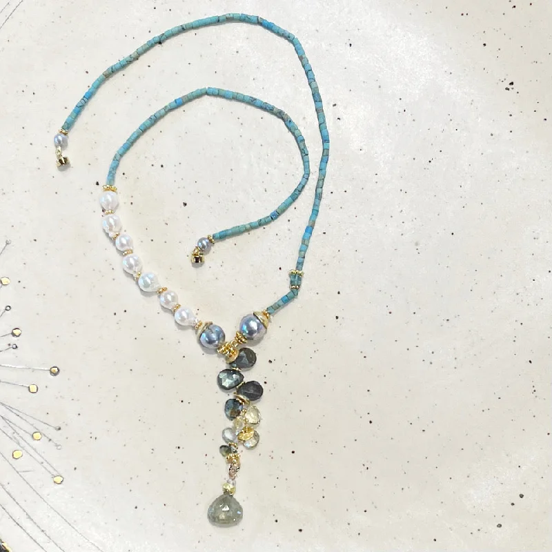 fashion necklaces for women -fashion necklaces for women -Afghan Turquoise, & Baroque Pearl, Labradorite & Sapphire Necklace