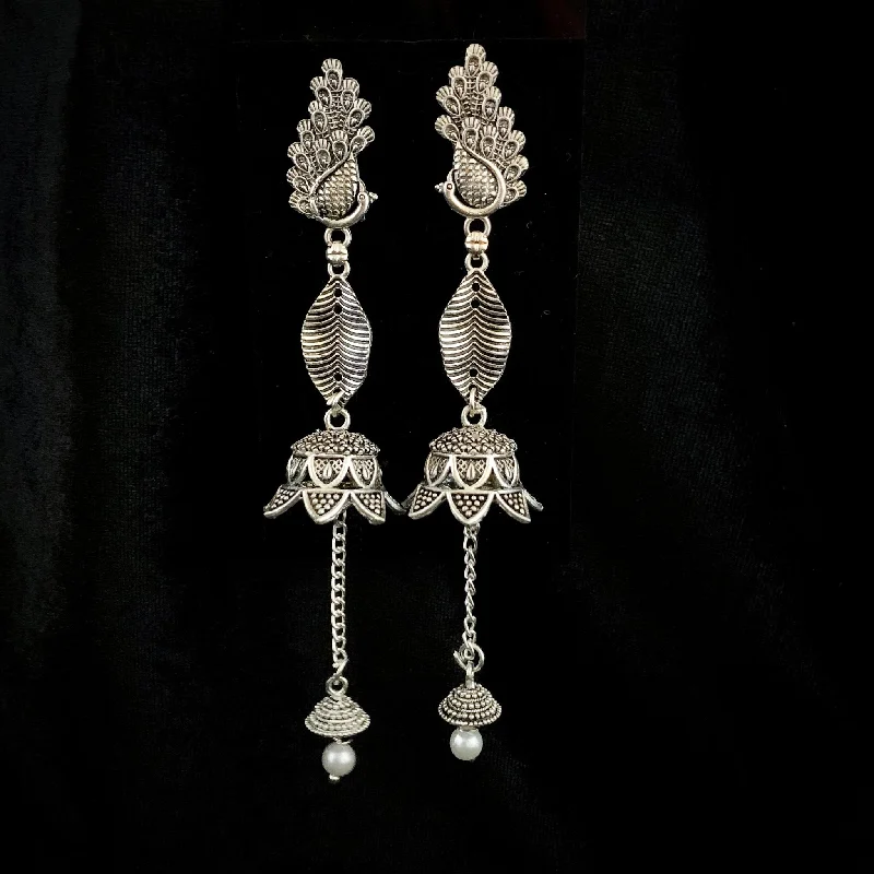 bridal earrings for women -modern necklaces for women -Fashionable Long Peacock Oxidized Silver Earring with Jhumka