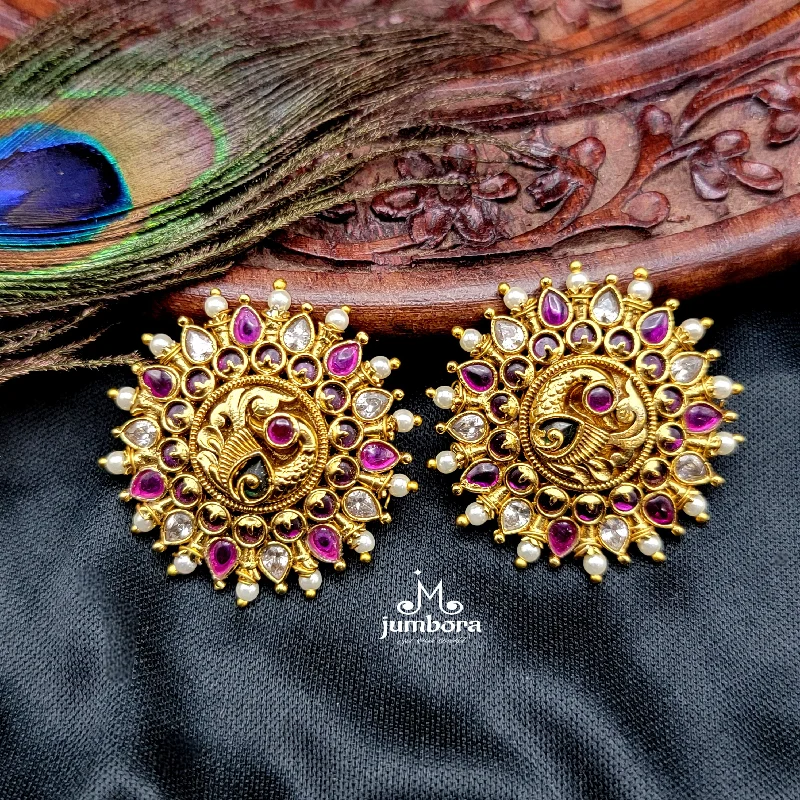 women’s large stud earrings -luxury fashion necklaces for women -Peacock Matte Gold White Kemp & AD stone Big Stud Earring