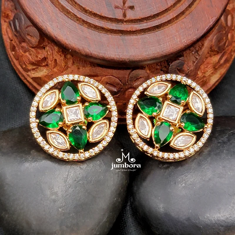 custom-designed hoop earrings -double chain necklaces for women -Dark Green Rosegold Kundan & AD Zircon Stone Stud Earring