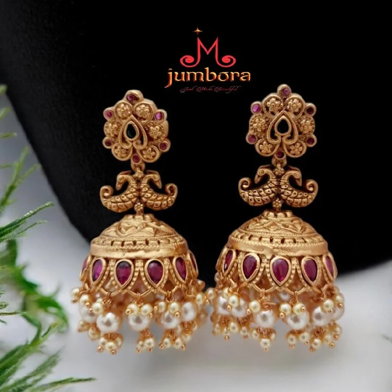 gold-plated earrings for women -birthday gift necklaces for women -Antique Gold Matte Peacock Jhumka Earring