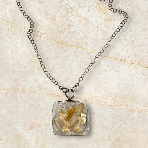 lucky charm necklaces for women -lucky charm necklaces for women -Fine chain necklace square bezel with lemon quartz embedded in grout