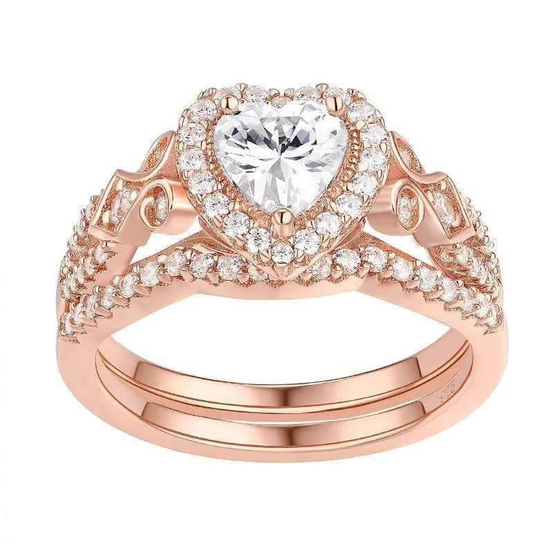 vintage engagement rings for women -personalized necklaces for women -Rose Gold Heart Shape Created Diamond Ring Set