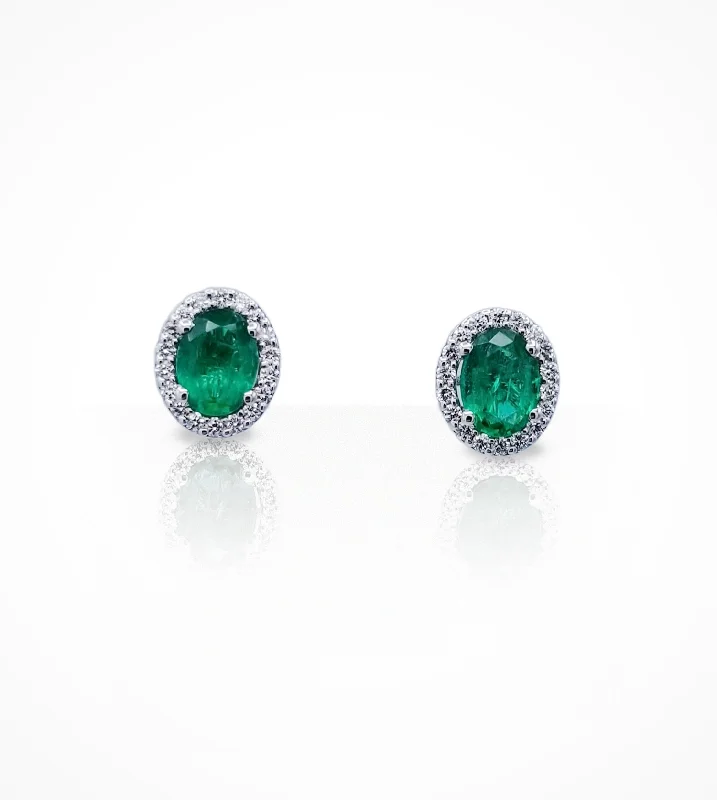 gemstone dangling earrings -sapphire necklaces for women -ER00540 18KW stud earrings, 2oval emeralds= 1.95cts, 8x6mm and 36 diamonds=0.42cts,-g-si