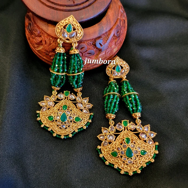 trendy earrings for women -custom necklaces for women -Polki LCD Long Earring with Green Ruby Hydro Beads