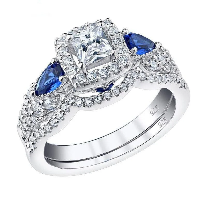 solitaire engagement rings for women -elegant necklaces for women -Princess Cut & Blue Pear Diamond Ring Set