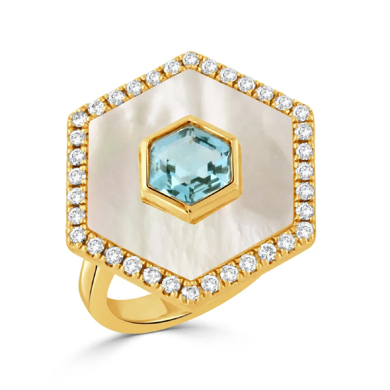 colorful rings for women -women’s pearl pendants -Blue Topaz, Mother of Pearl & Diamond Hexagon 18K Gold Ring