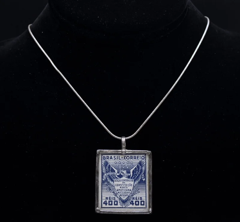 engagement pendant necklaces for women -contemporary necklaces for women -Vintage 1937 Brazilian Sesquicentennial Stamp Sterling Silver Pendant Necklace - 18"