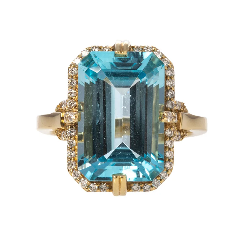 wedding bands for women -trendy gold necklaces for women -Goshwara Emerald-Cut Blue Topaz & Diamond 18K Gold Ring