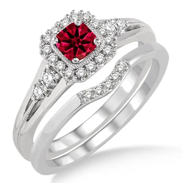 women’s engagement rings -women’s necklaces -1.5 Carat Ruby Bridal Set Halo Engagement Ring Bridal Set on 10k White Gold