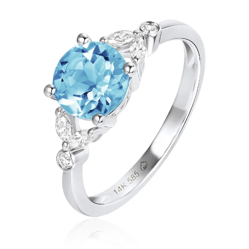 delicate rings for women -bridal necklaces for women -Blue Topaz & Diamond Floral 14K White Gold Ring