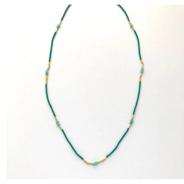 sparkling crystal necklaces for women -luxury gold necklaces for women -Jade glass seed and amazonite bead necklace