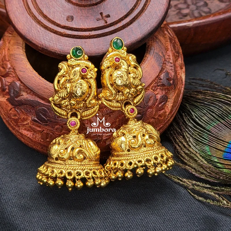 classic pearl earrings for women -bohemian necklaces for women -Peacock Nakshi Gold Alike Jhumka Earring