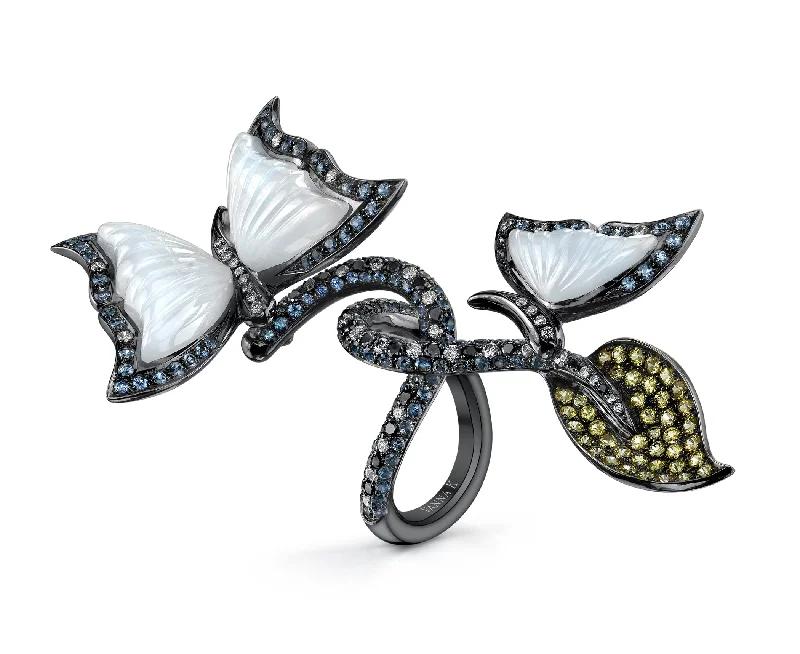 geometric rings for women -designer necklaces for women -18K Black Gold Fashion Butterfly Diamond And Sapphire Ring