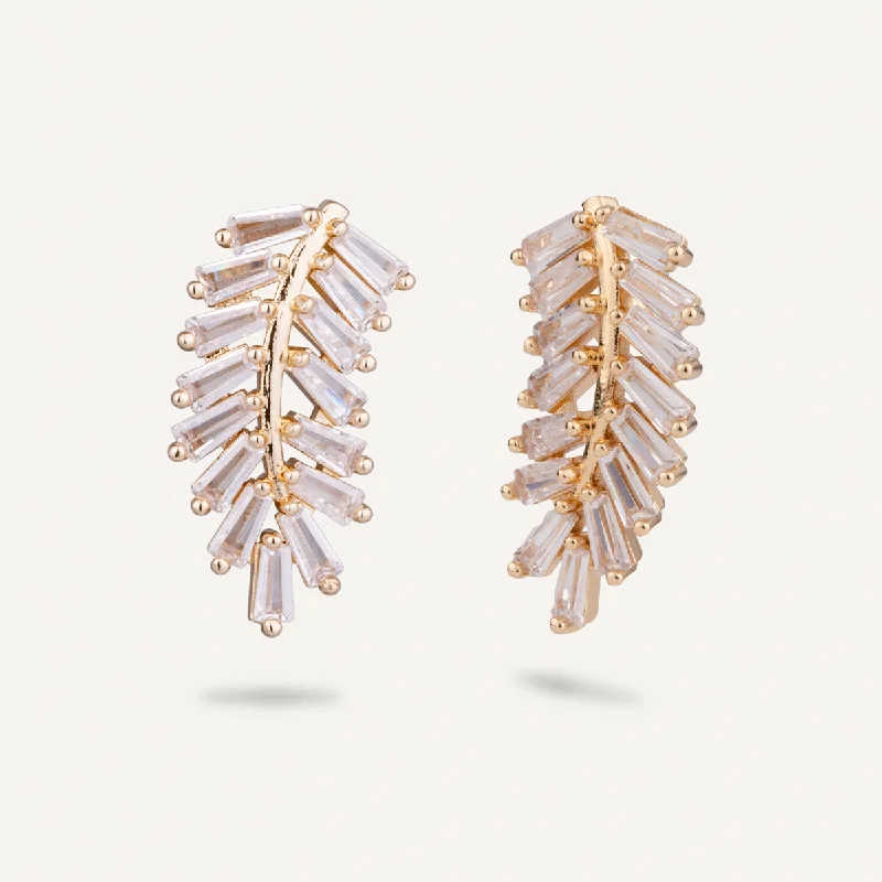 chic statement earrings -designer name necklaces for women -Elizabeth Cubic Zirconia Stud Leaf Earrings In Gold-Tone