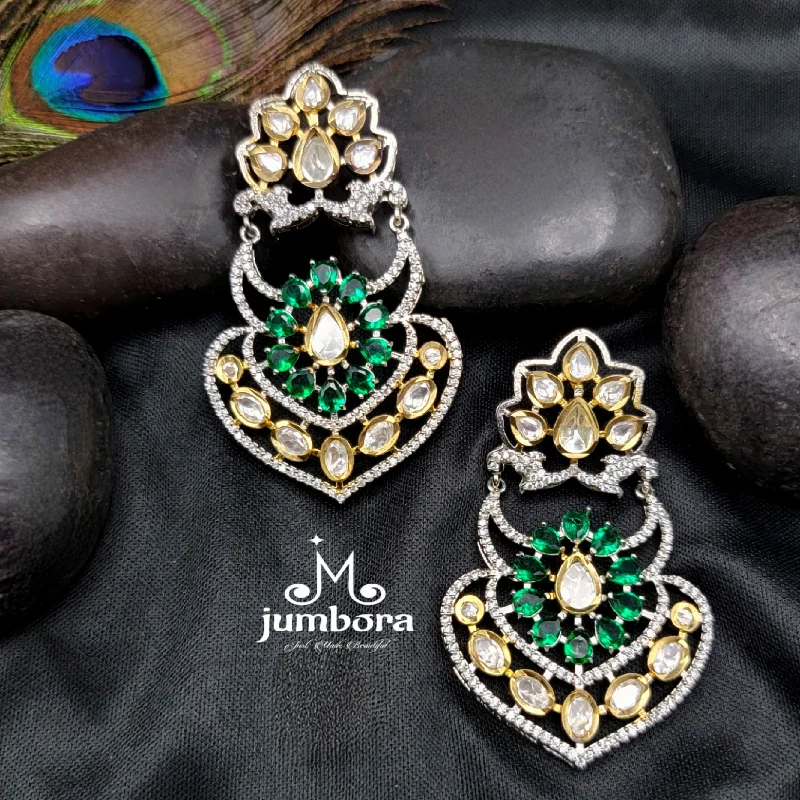 chic earrings for women -gemstone pendant necklaces for women -Green & White AD Zircon Statement Kundan Earring