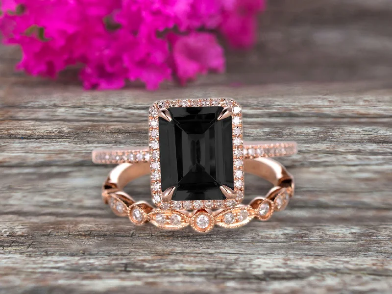 oval cut engagement rings for women -fashion necklaces for women -1.75 Carat Emerald Cut Black Diamond Moissanite Engagement Ring Set Bridal Ring 10k Rose Gold Art Deco Halo Stacking Matching Band Shining Startling Ring Gift