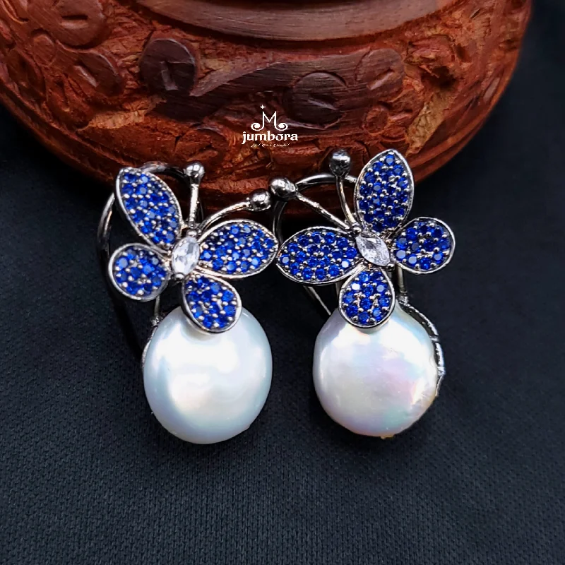 bold earrings for women -contemporary necklaces for women -Butterfly Baroque Pearl Blue AD Zircon Victorian (CZ) Earring