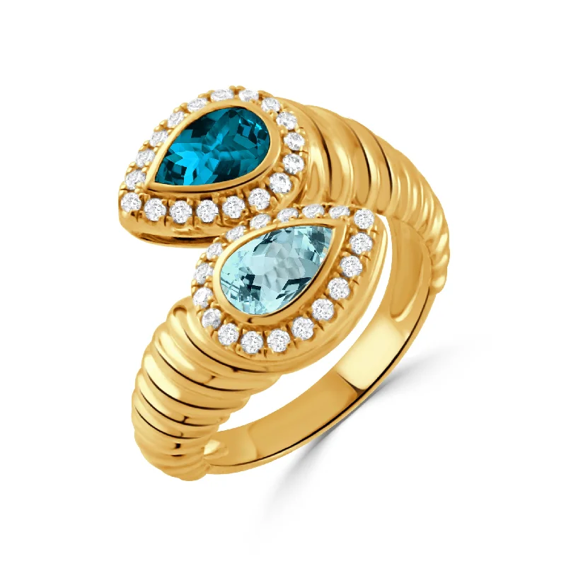 designer engagement rings for women -stunning statement necklaces for women -Blue Topaz & Diamond 18K Gold Ribbed Bypass Ring