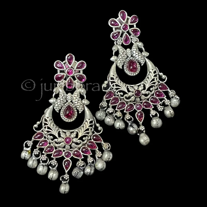 dangling earrings for women -gemstone necklaces for women -Peacock Kemp Silver Finish Chaandbali Earrings