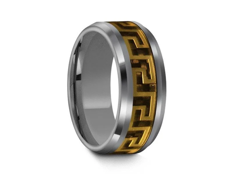 designer rings for women -chunky necklaces for women -8MM YELLOW DESIGN Tungsten  Wedding Band BEVELED AND GRAY INTERIOR